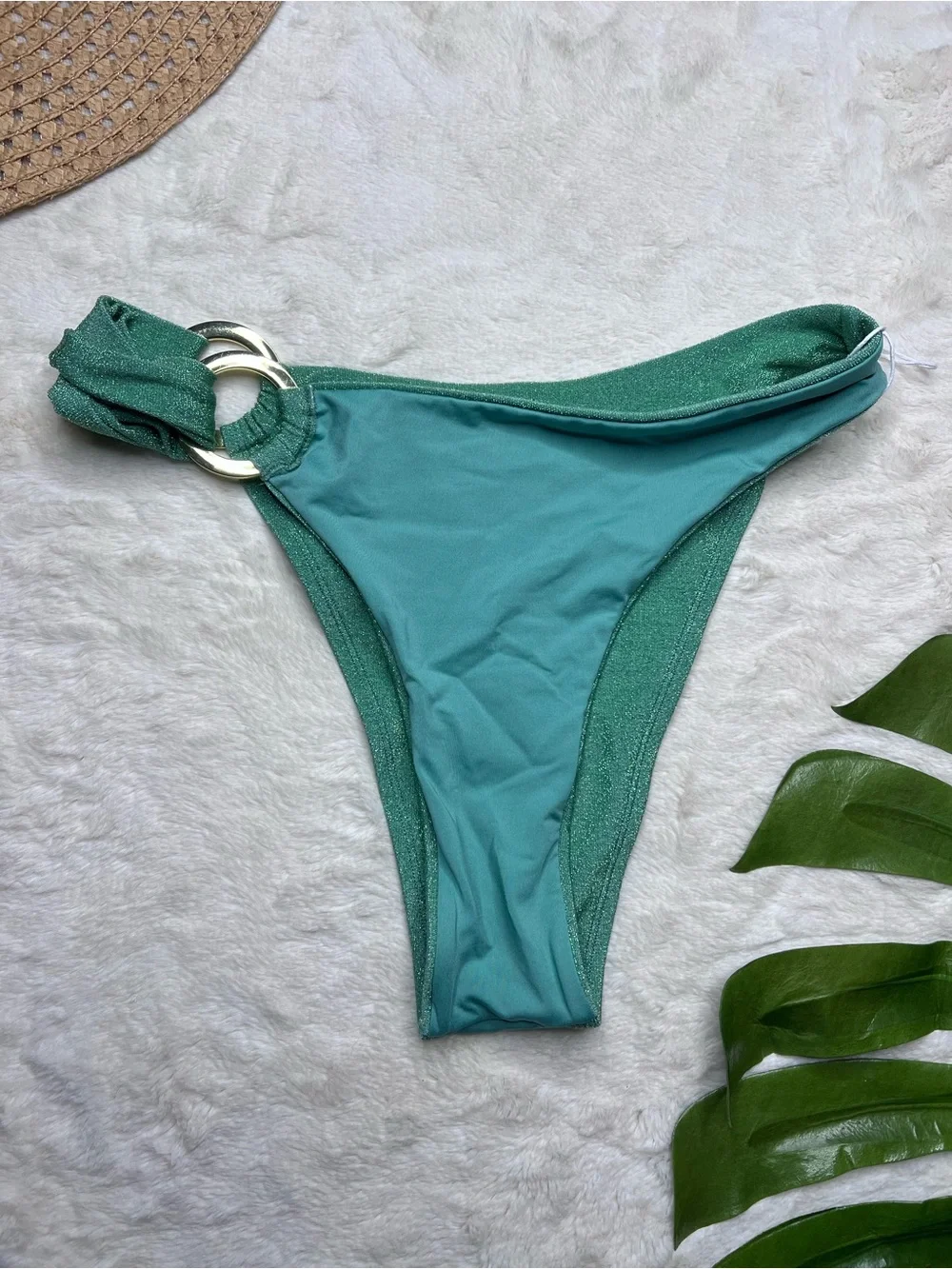 Monday Swimwear Bikini Set V XL Metallic Green Shimmer Triangle Top Ring Bottom